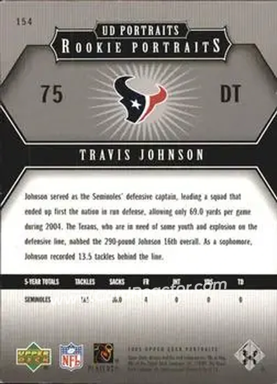 2005 Upper Deck Portraits #154 - Travis Johnson - Houston Texans - Back