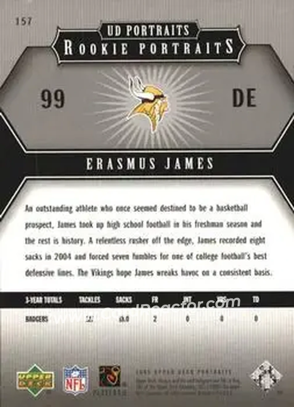 2005 Upper Deck Portraits #157 - Erasmus James - Minnesota Vikings - Back