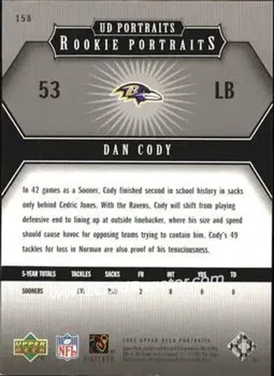 2005 Upper Deck Portraits #158 - Dan Cody - Baltimore Ravens - Back 2005 Upper Deck Portraits #158 - Dan Cody - Baltimore Ravens - Back