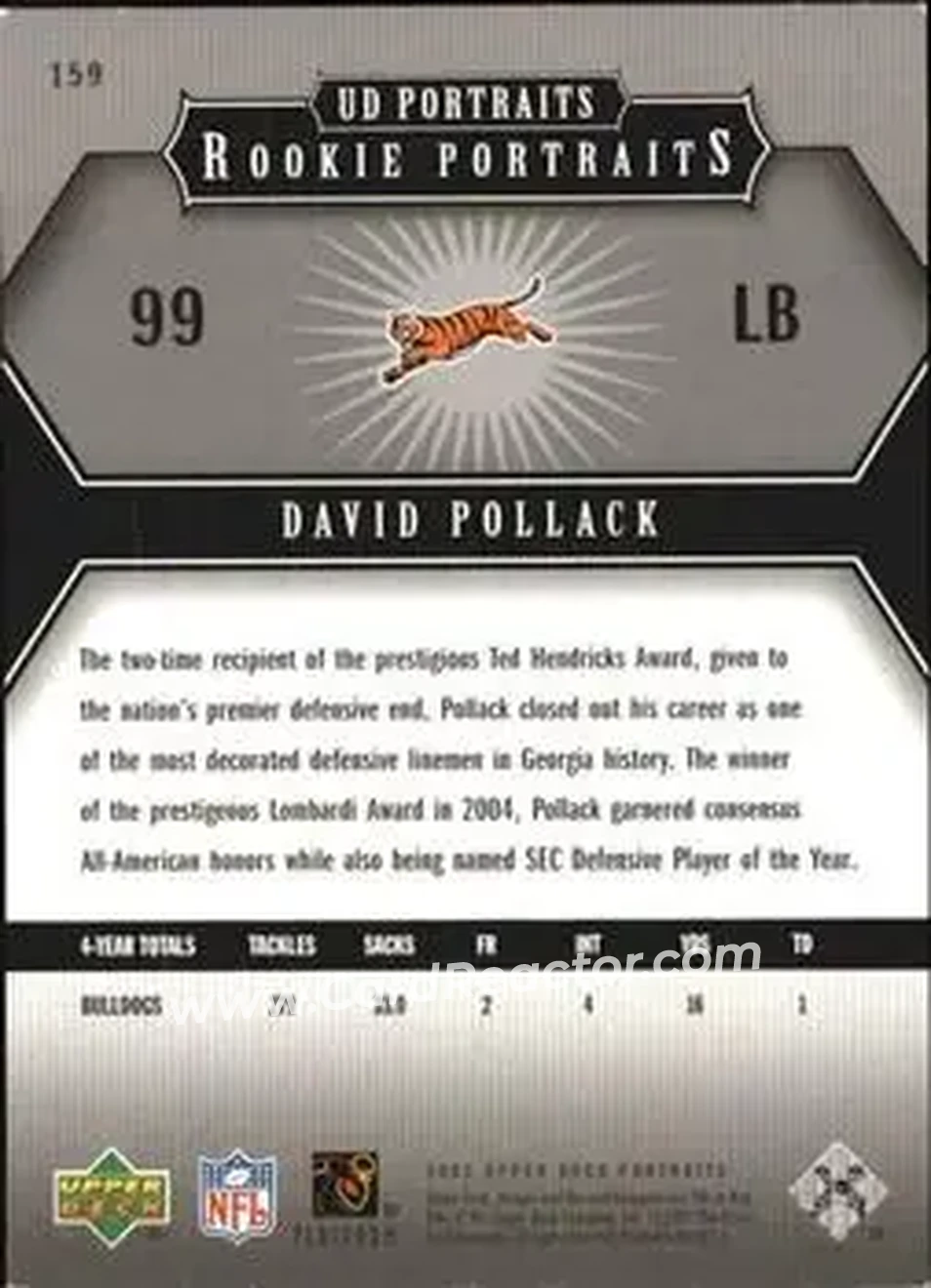 2005 Upper Deck Portraits #159 - David Pollack - Cincinnati Bengals - Back 2005 Upper Deck Portraits #159 - David Pollack - Cincinnati Bengals - Back