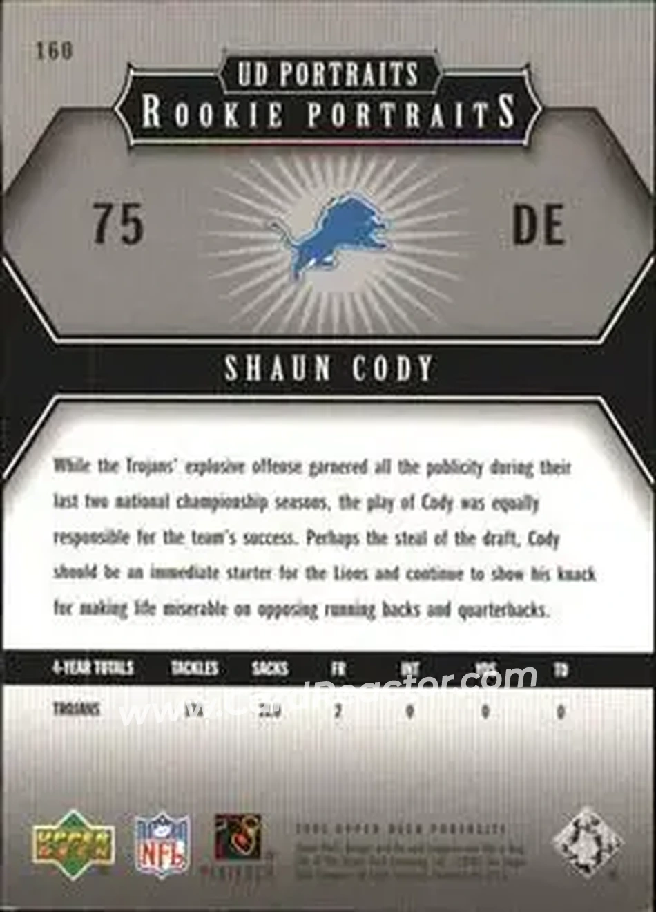 2005 Upper Deck Portraits #160 - Shaun Cody - Detroit Lions - Back 2005 Upper Deck Portraits #160 - Shaun Cody - Detroit Lions - Back