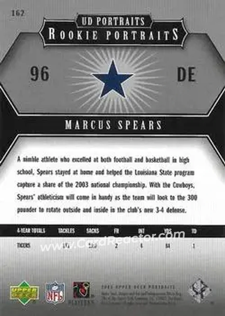 2005 Upper Deck Portraits #162 - Marcus Spears - Dallas Cowboys - Back