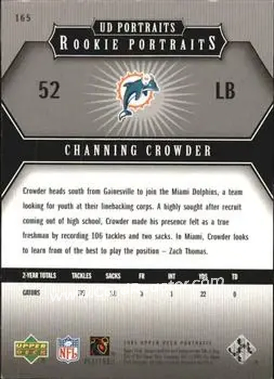 2005 Upper Deck Portraits #165 - Channing Crowder - Miami Dolphins - Back 2005 Upper Deck Portraits #165 - Channing Crowder - Miami Dolphins - Back