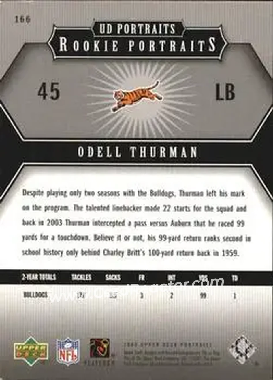 2005 Upper Deck Portraits #166 - Odell Thurman - Cincinnati Bengals - Back 2005 Upper Deck Portraits #166 - Odell Thurman - Cincinnati Bengals - Back