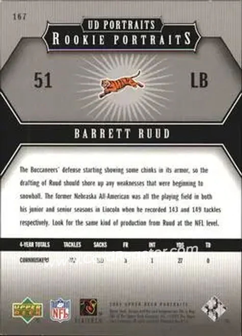 2005 Upper Deck Portraits #167 - Barrett Ruud - Tampa Bay Buccaneers - Back 2005 Upper Deck Portraits #167 - Barrett Ruud - Tampa Bay Buccaneers - Back