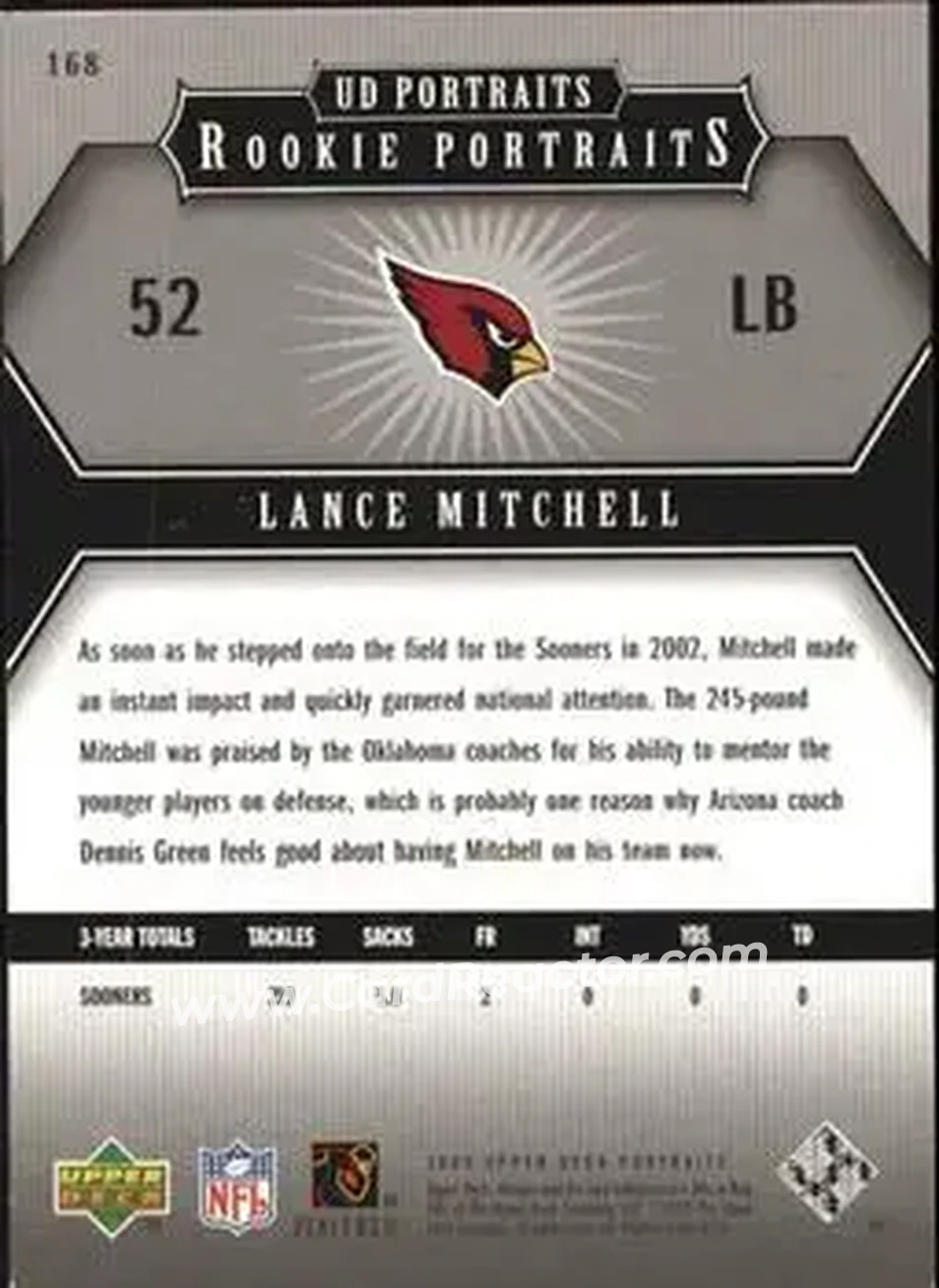 2005 Upper Deck Portraits #168 - Lance Mitchell - Arizona Cardinals - Back
