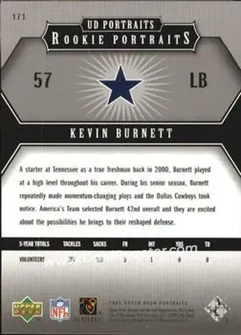 2005 Upper Deck Portraits #171 - Kevin Burnett - Dallas Cowboys - Back 2005 Upper Deck Portraits #171 - Kevin Burnett - Dallas Cowboys - Back