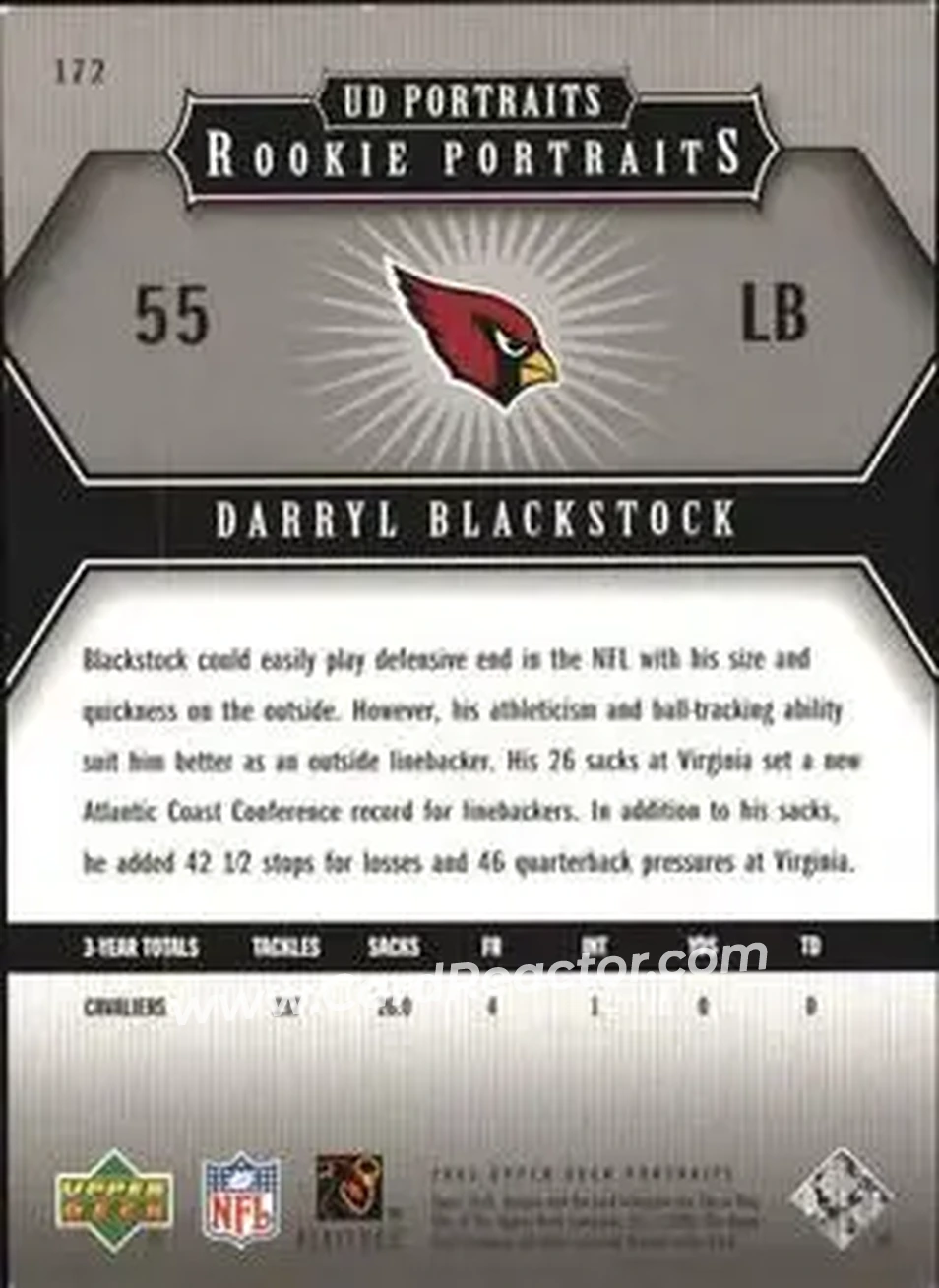 2005 Upper Deck Portraits #172 - Darryl Blackstock - Arizona Cardinals - Back
