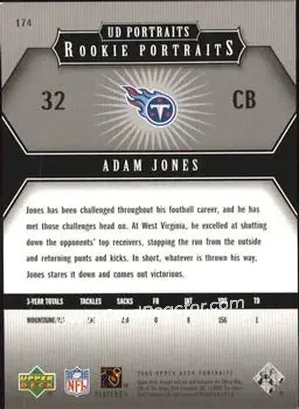 2005 Upper Deck Portraits #174 - Adam Jones - Tennessee Titans - Back