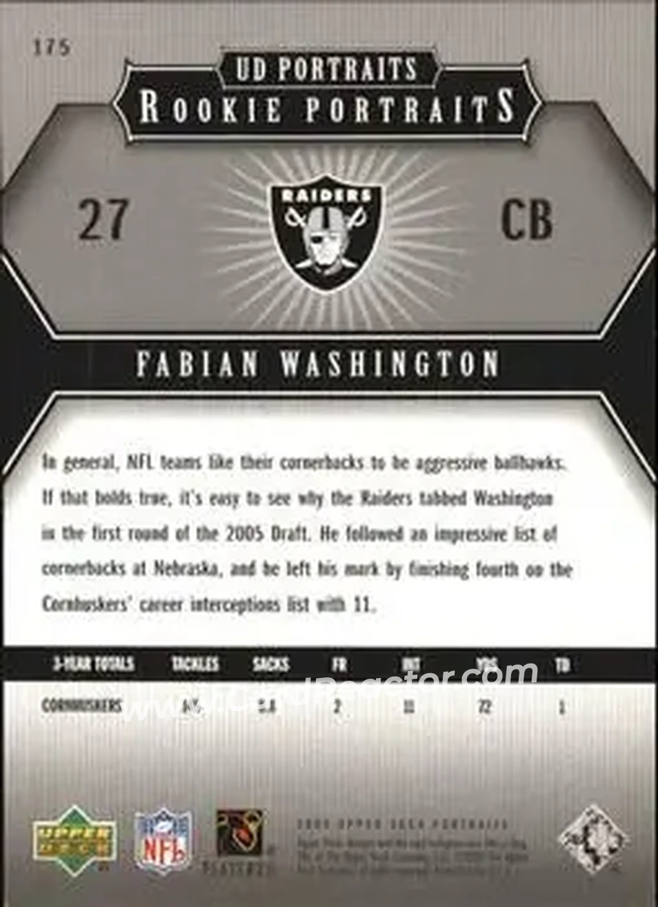 2005 Upper Deck Portraits #175 - Fabian Washington - Oakland Raiders - Back 2005 Upper Deck Portraits #175 - Fabian Washington - Oakland Raiders - Back
