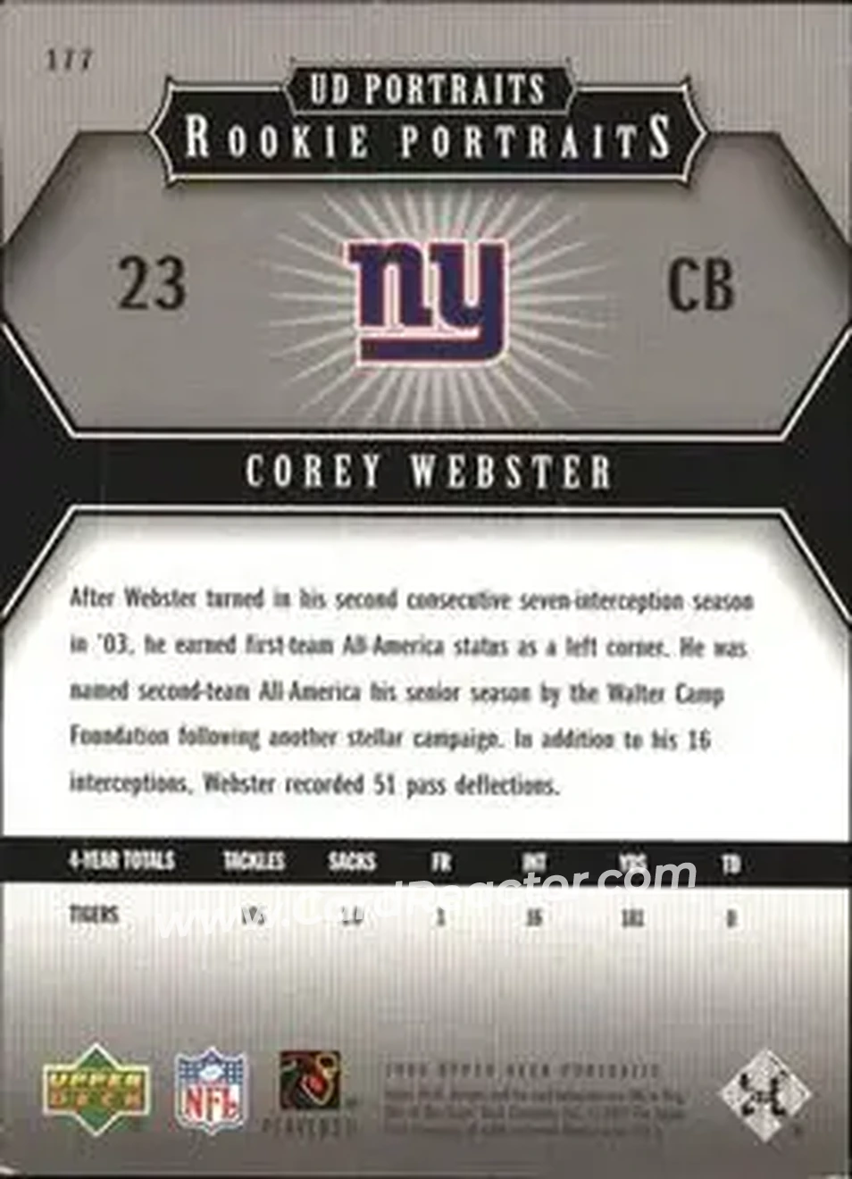 2005 Upper Deck Portraits #177 - Corey Webster - New York Giants - Back