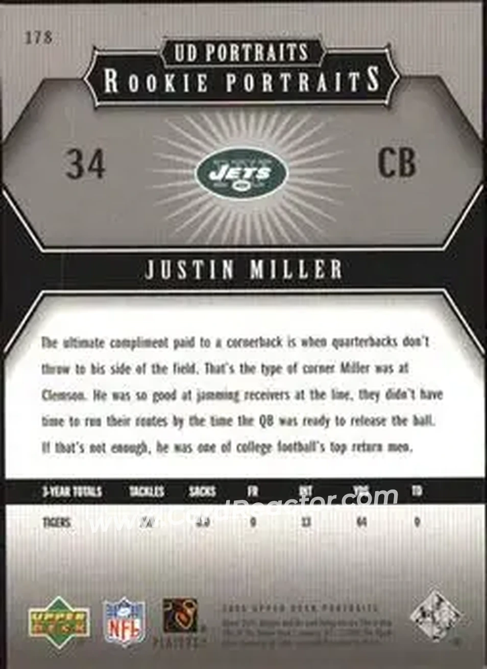 2005 Upper Deck Portraits #178 - Justin Miller - New York Jets - Back 2005 Upper Deck Portraits #178 - Justin Miller - New York Jets - Back