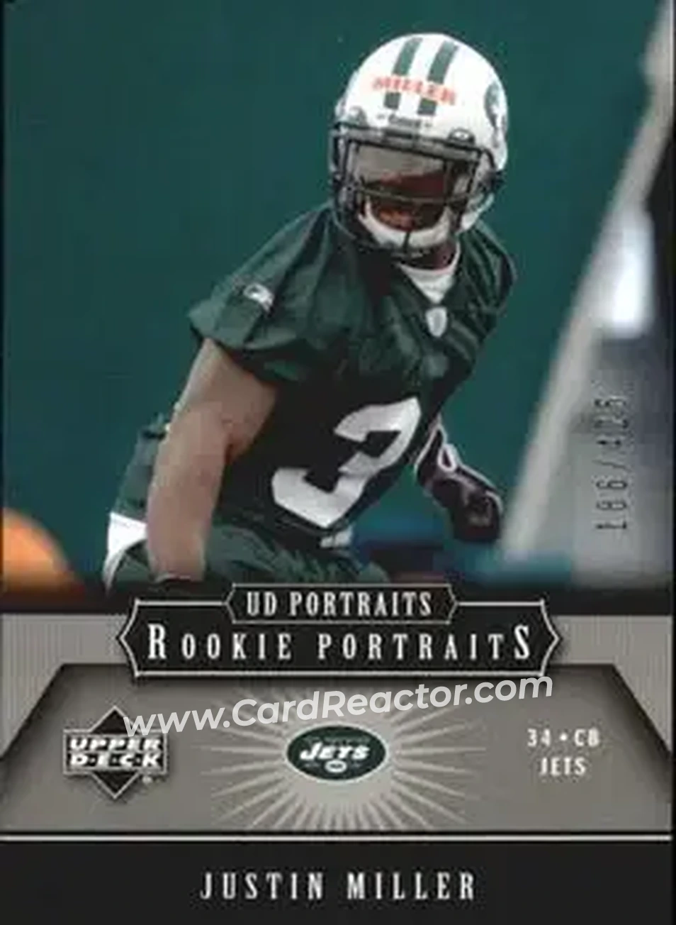 2005 Upper Deck Portraits #178 - Justin Miller - New York Jets - Front 2005 Upper Deck Portraits #178 - Justin Miller - New York Jets - Front