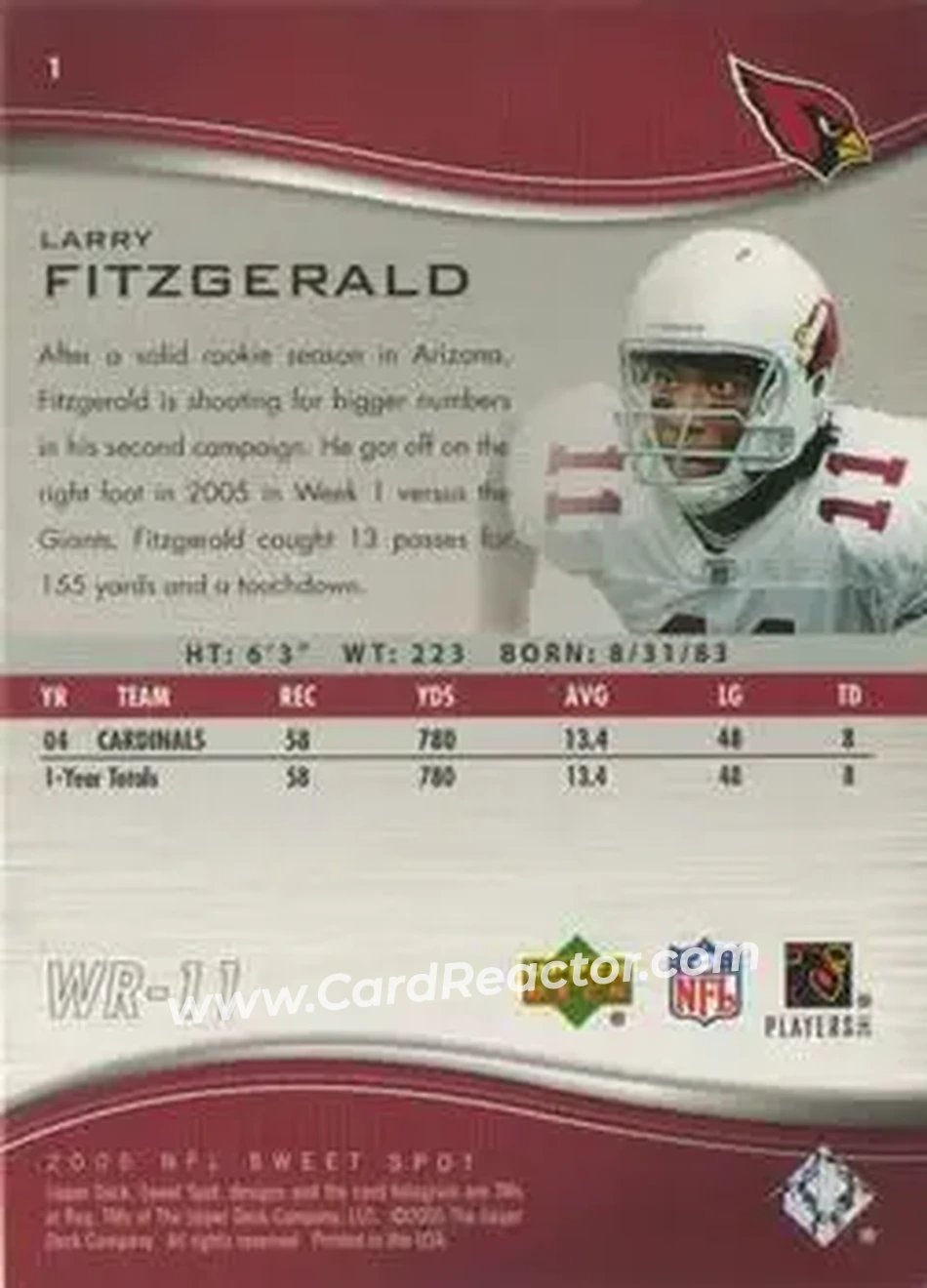 2005 Upper Deck Sweet Spot #1 - Larry Fitzgerald - Arizona Cardinals - Back