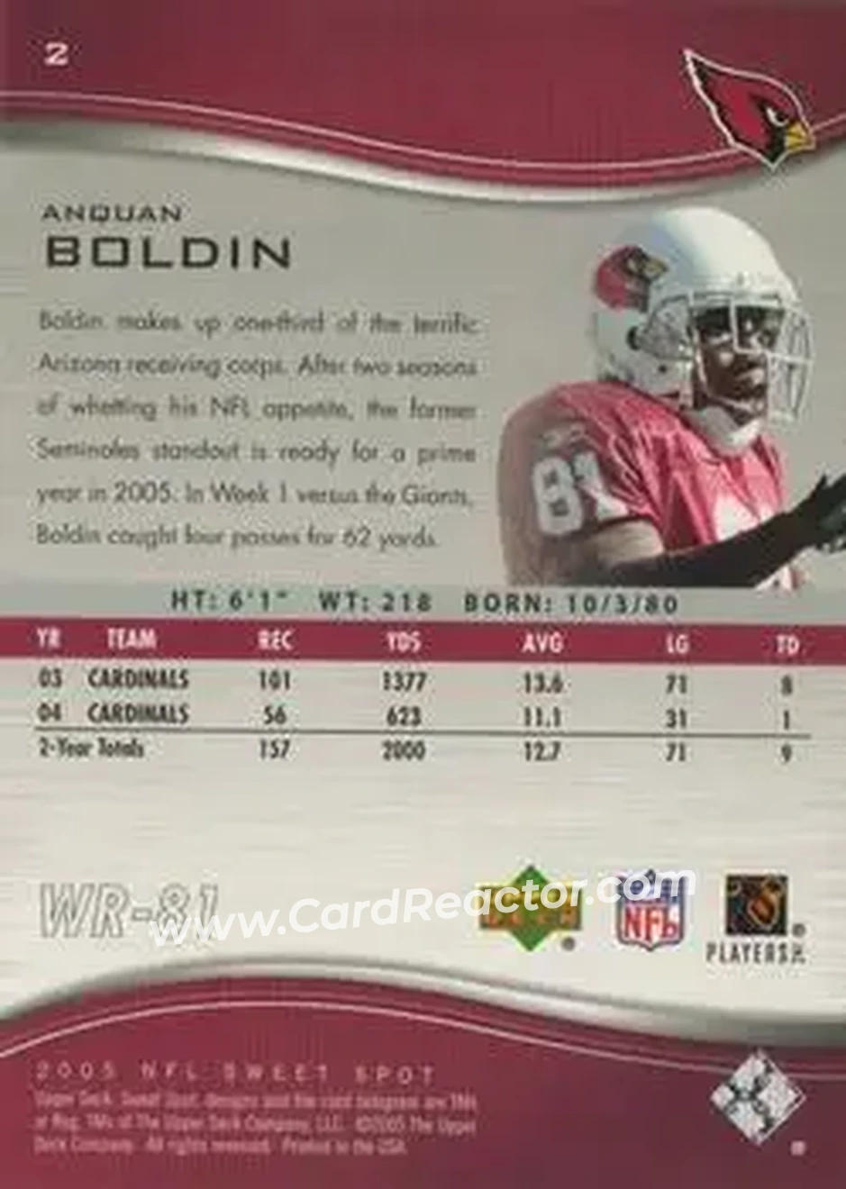 2005 Upper Deck Sweet Spot #2 - Anquan Boldin - Arizona Cardinals - Back