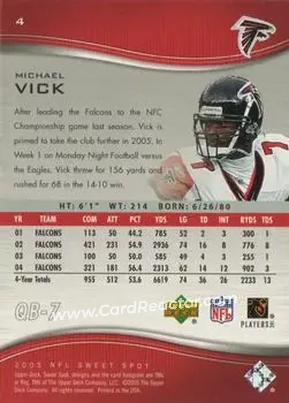 2005 Upper Deck Sweet Spot #4 - Michael Vick - Atlanta Falcons - Back