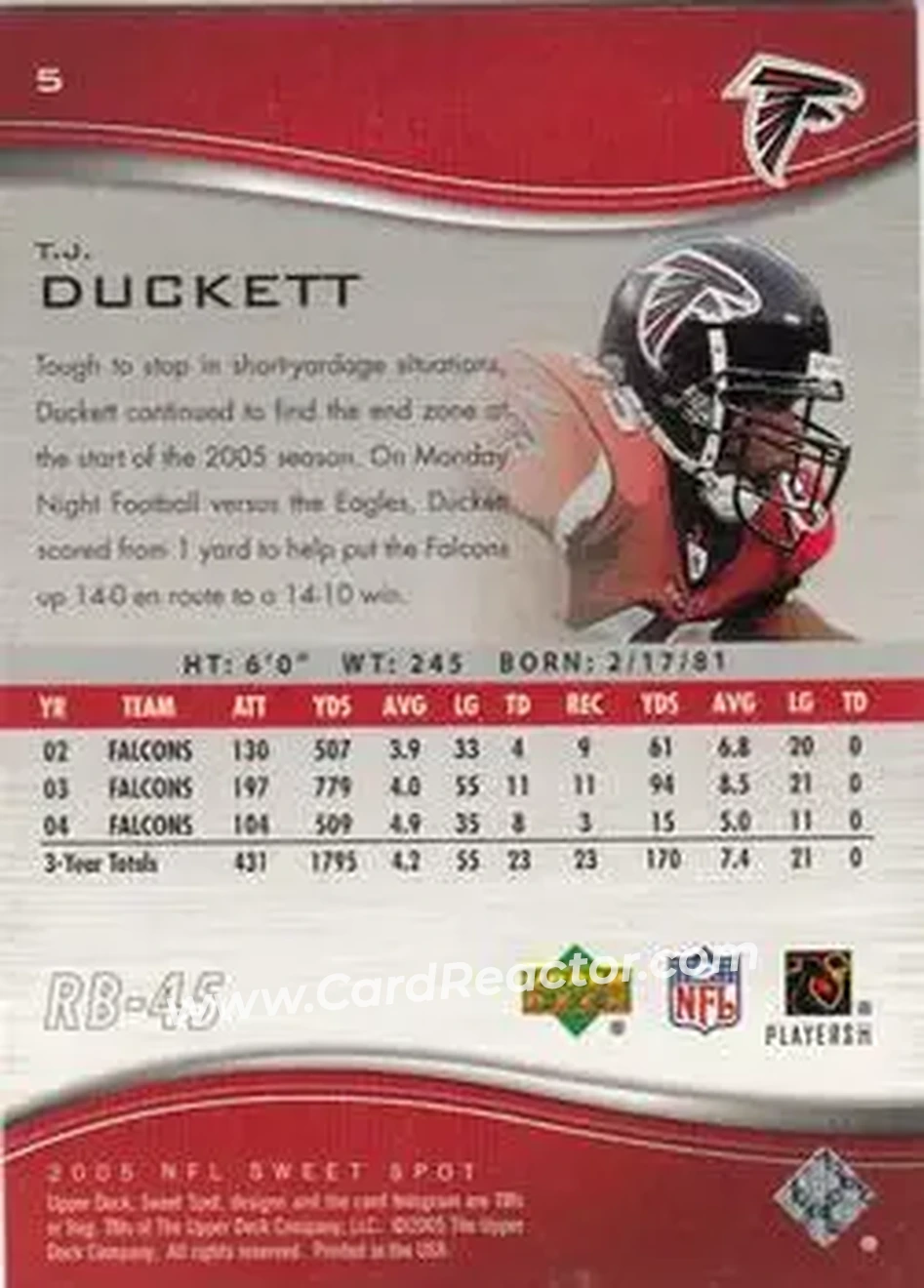 2005 Upper Deck Sweet Spot #5 - T.J. Duckett - Atlanta Falcons - Back 2005 Upper Deck Sweet Spot #5 - T.J. Duckett - Atlanta Falcons - Back