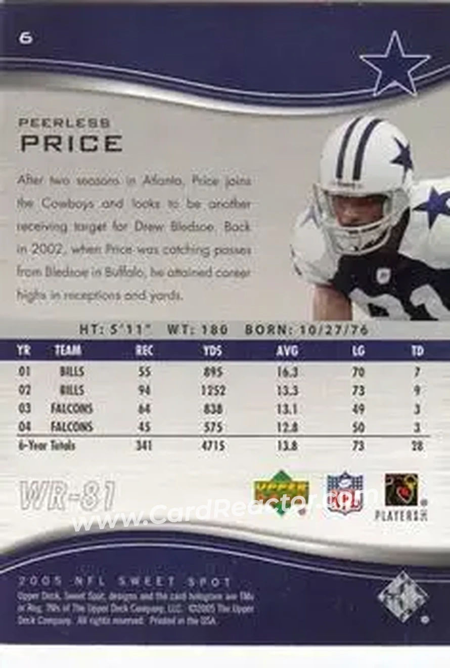 2005 Upper Deck Sweet Spot #6 - Peerless Price - Dallas Cowboys - Back