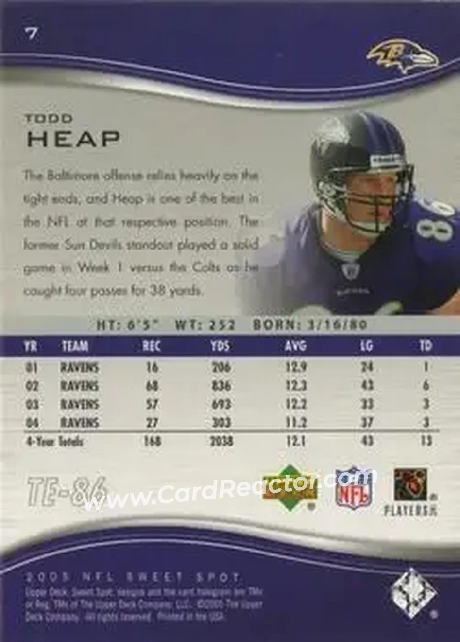 2005 Upper Deck Sweet Spot #7 - Todd Heap - Baltimore Ravens - Back 2005 Upper Deck Sweet Spot #7 - Todd Heap - Baltimore Ravens - Back