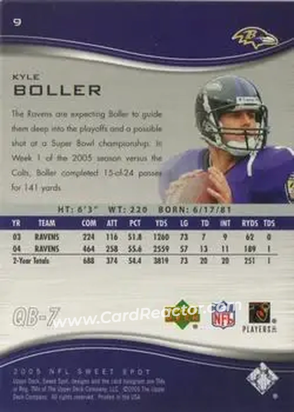 2005 Upper Deck Sweet Spot #9 - Kyle Boller - Baltimore Ravens - Back