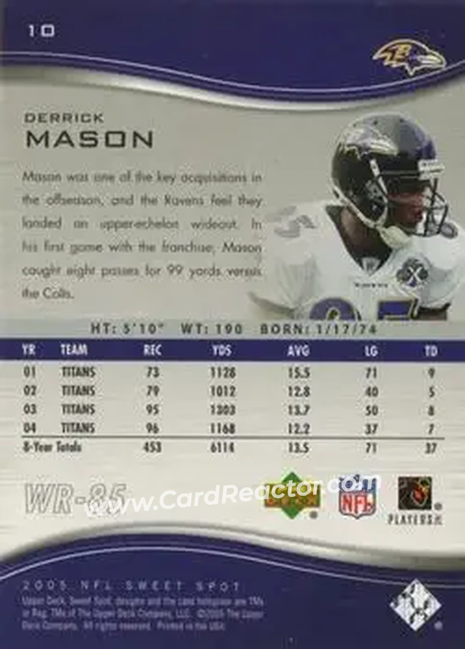 2005 Upper Deck Sweet Spot #10 - Derrick Mason - Baltimore Ravens - Back