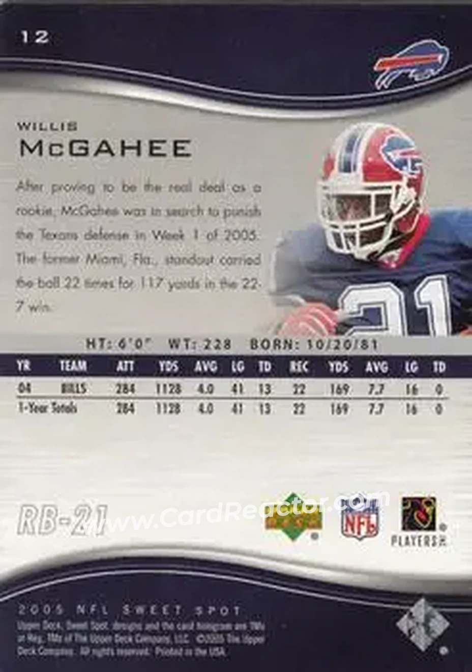 2005 Upper Deck Sweet Spot #12 - Willis McGahee - Buffalo Bills - Back