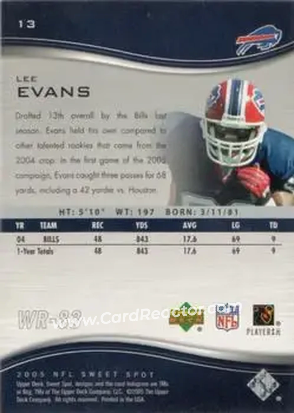 2005 Upper Deck Sweet Spot #13 - Lee Evans - Buffalo Bills - Back 2005 Upper Deck Sweet Spot #13 - Lee Evans - Buffalo Bills - Back