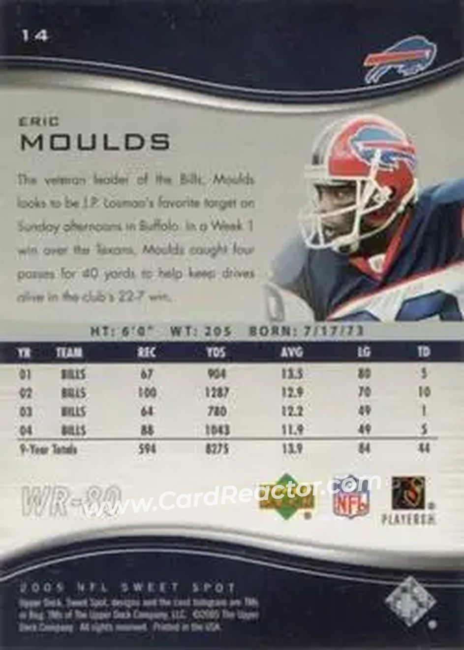 2005 Upper Deck Sweet Spot #14 - Eric Moulds - Buffalo Bills - Back 2005 Upper Deck Sweet Spot #14 - Eric Moulds - Buffalo Bills - Back
