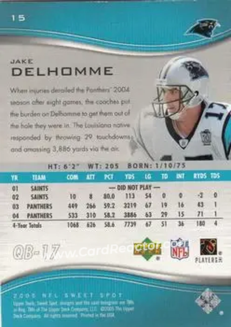 2005 Upper Deck Sweet Spot #15 - Jake Delhomme - Carolina Panthers - Back