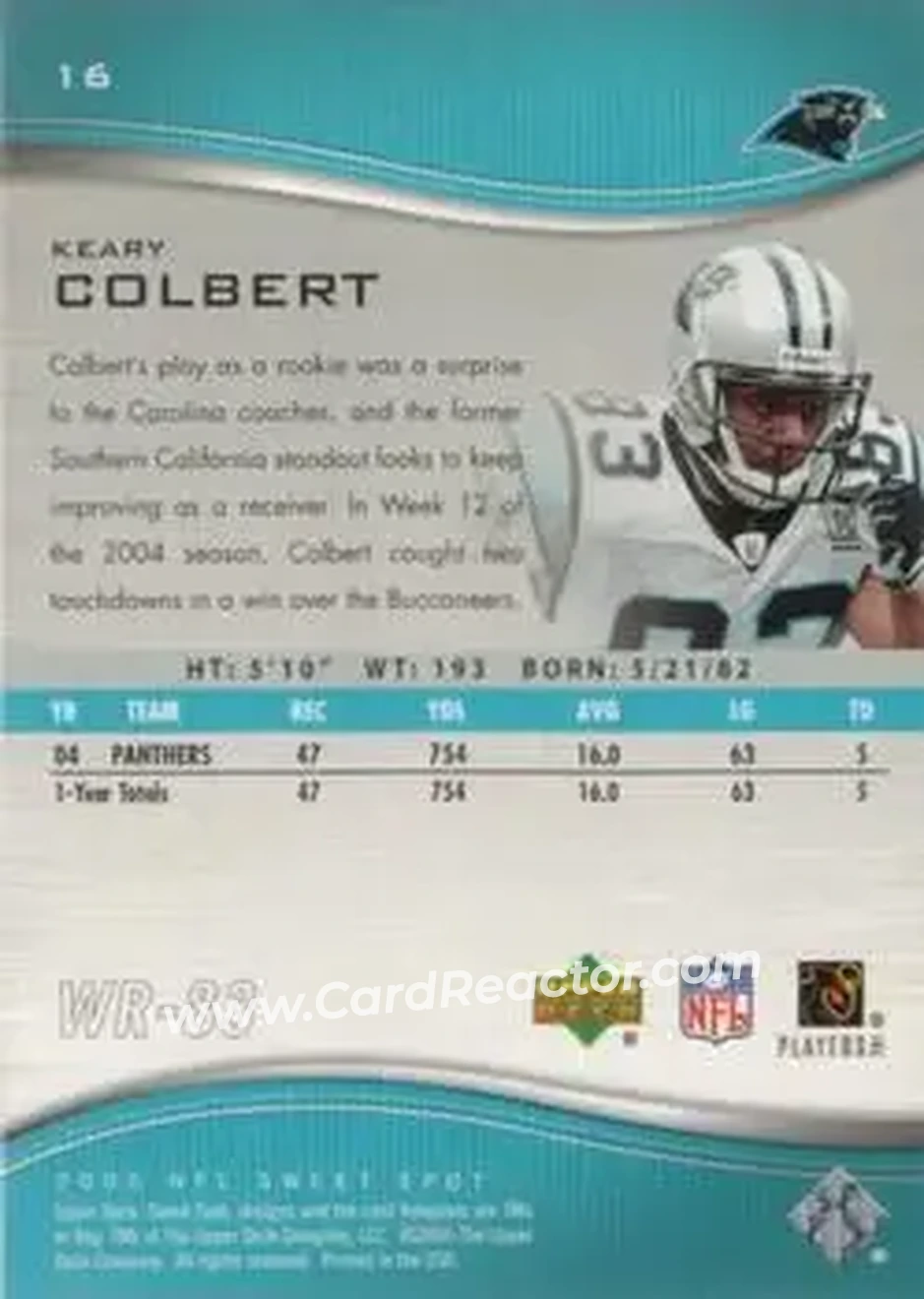 2005 Upper Deck Sweet Spot #16 - Keary Colbert - Carolina Panthers - Back