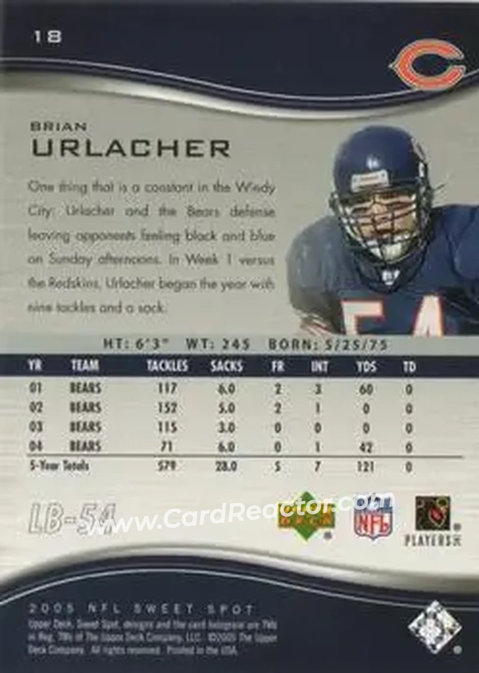 2005 Upper Deck Sweet Spot #18 - Brian Urlacher - Chicago Bears - Back