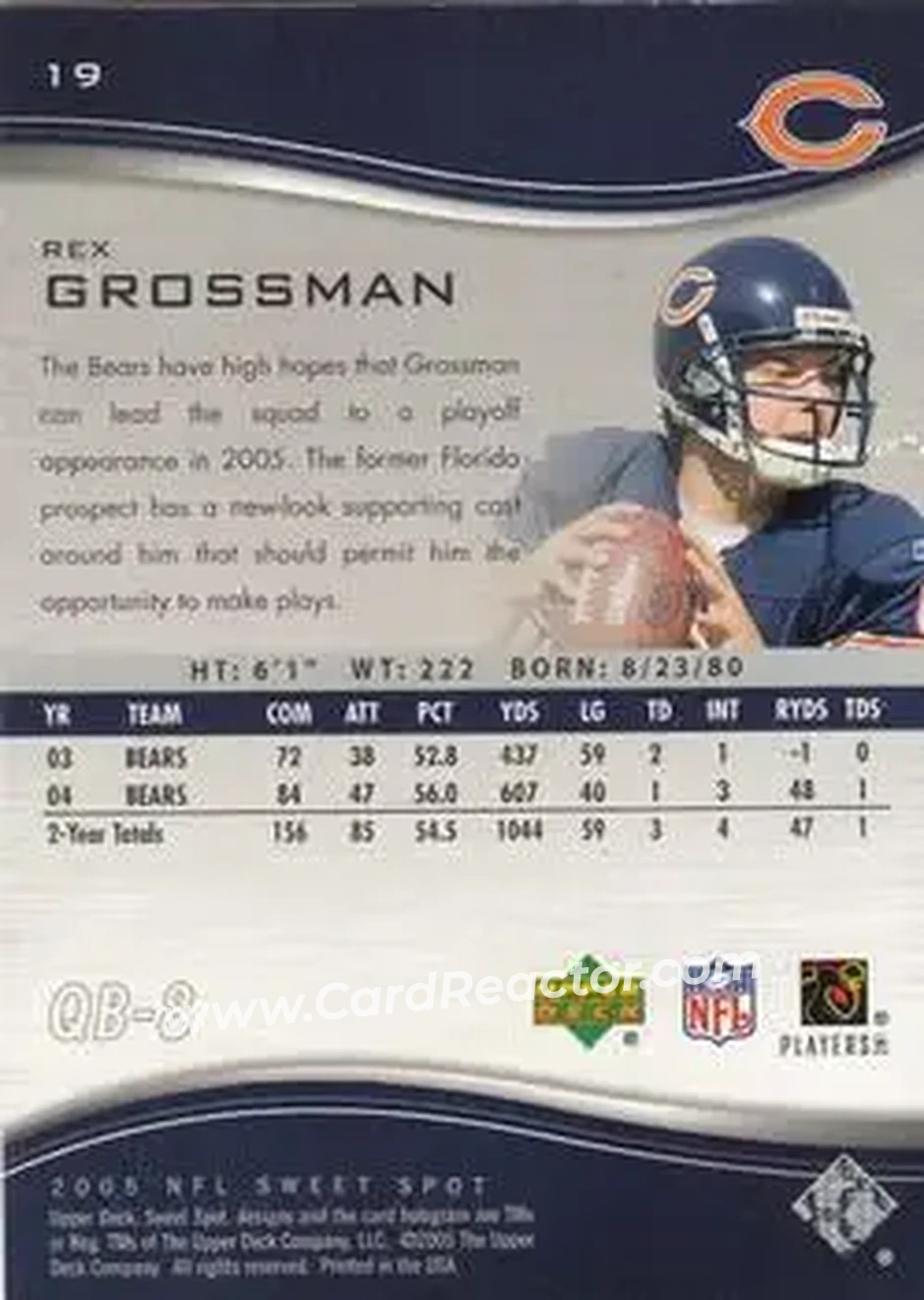 2005 Upper Deck Sweet Spot #19 - Rex Grossman - Chicago Bears - Back