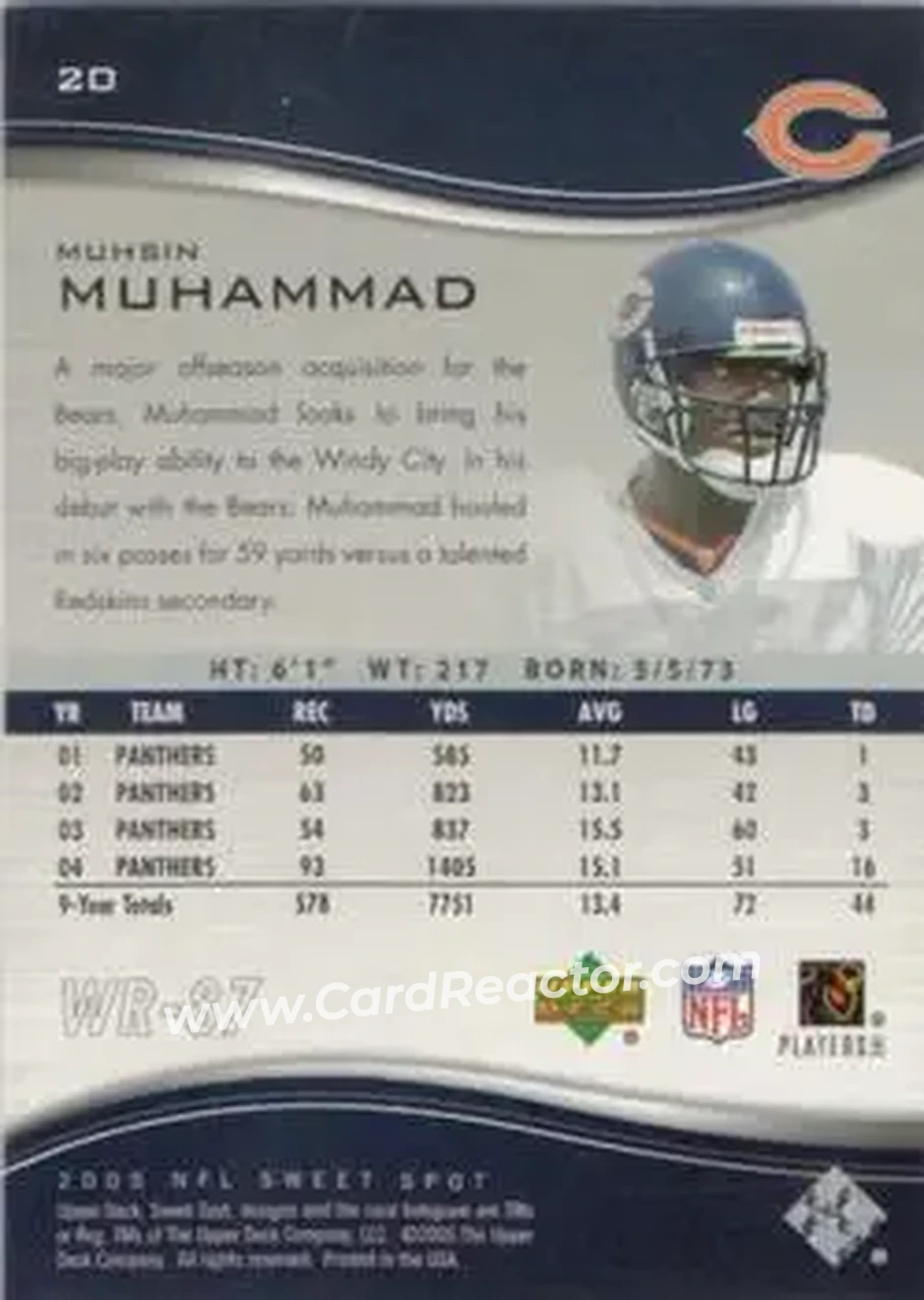 2005 Upper Deck Sweet Spot #20 - Muhsin Muhammad - Chicago Bears - Back 2005 Upper Deck Sweet Spot #20 - Muhsin Muhammad - Chicago Bears - Back