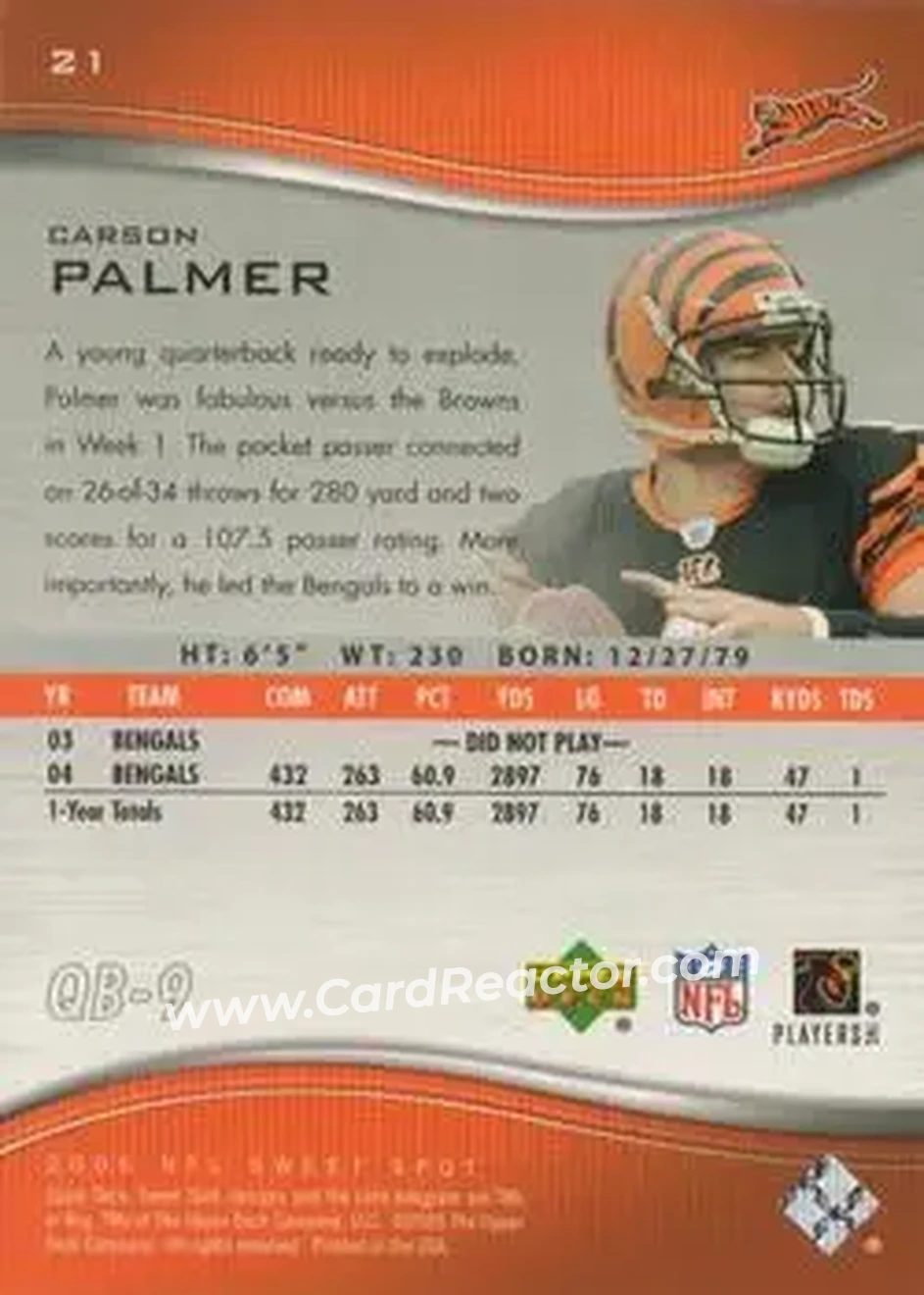 2005 Upper Deck Sweet Spot #21 - Carson Palmer - Cincinnati Bengals - Back