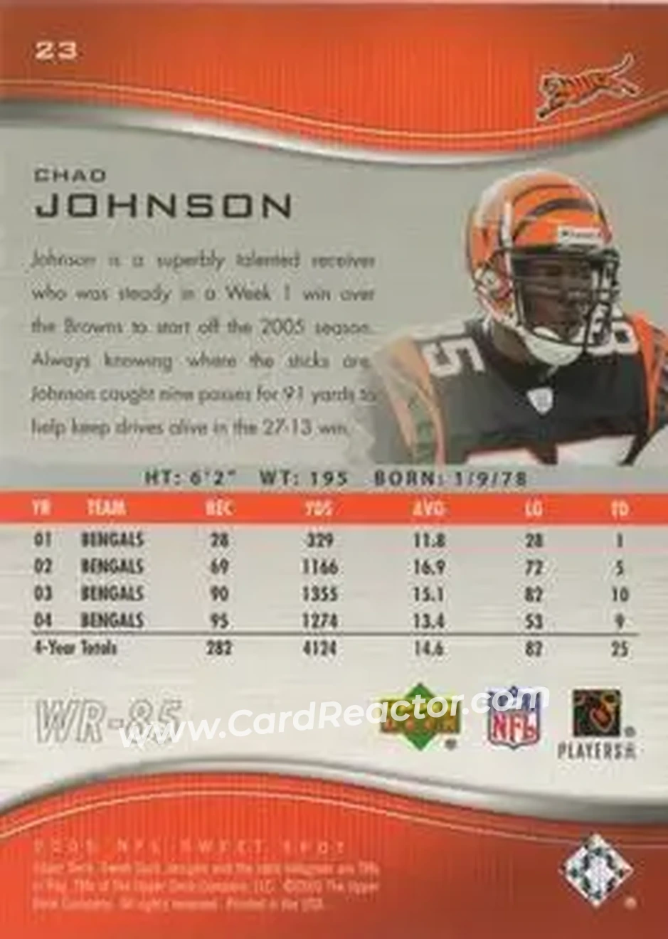 2005 Upper Deck Sweet Spot #23 - Chad Ochocinco - Cincinnati Bengals - Back 2005 Upper Deck Sweet Spot #23 - Chad Ochocinco - Cincinnati Bengals - Back