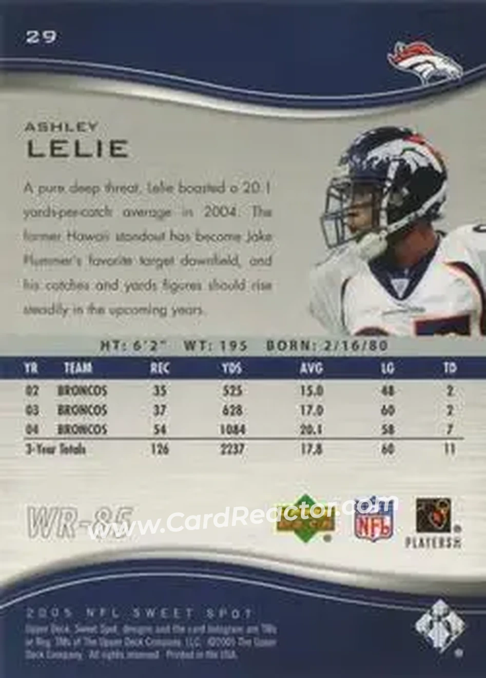 2005 Upper Deck Sweet Spot #29 - Ashley Lelie - Denver Broncos - Back