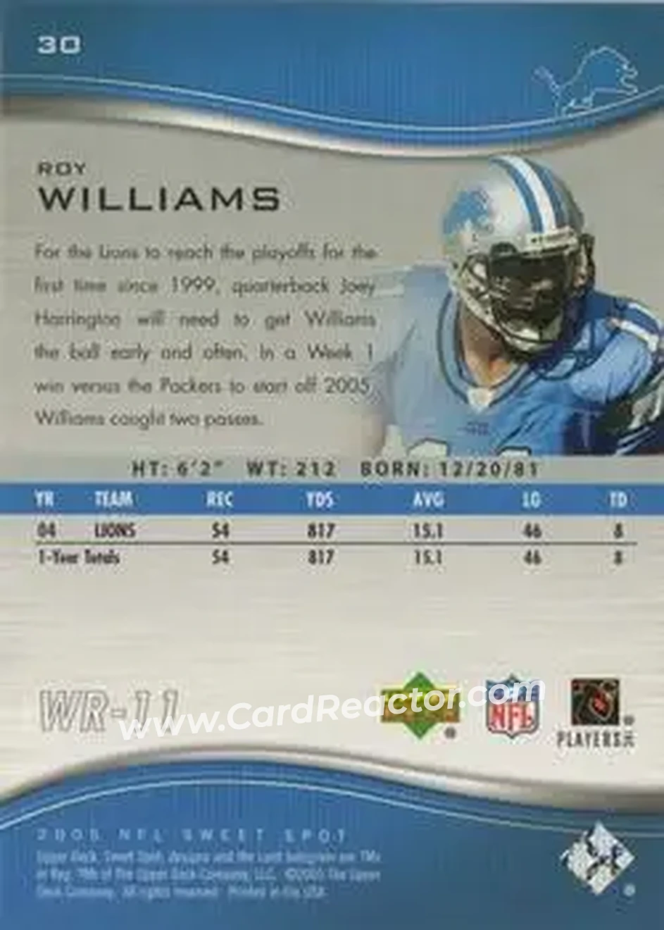 2005 Upper Deck Sweet Spot #30 - Roy Williams - Detroit Lions - Back