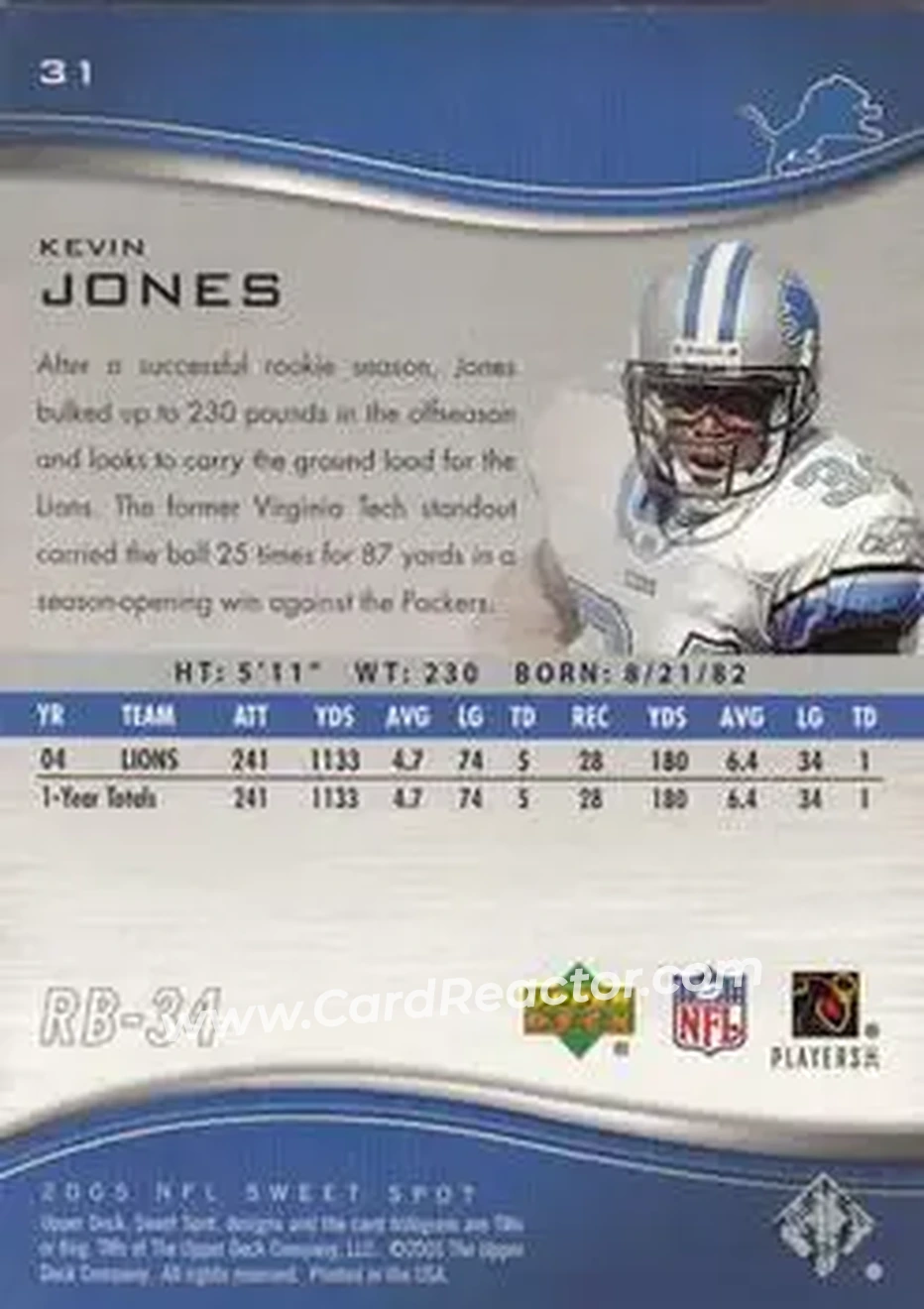 2005 Upper Deck Sweet Spot #31 - Kevin Jones - Detroit Lions - Back