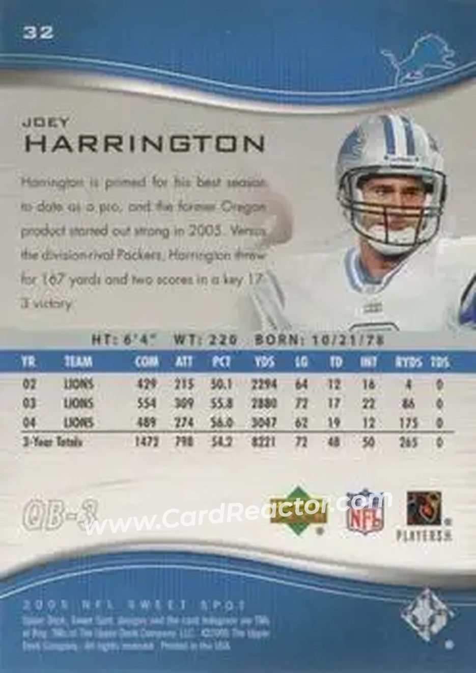 2005 Upper Deck Sweet Spot #32 - Joey Harrington - Detroit Lions - Back