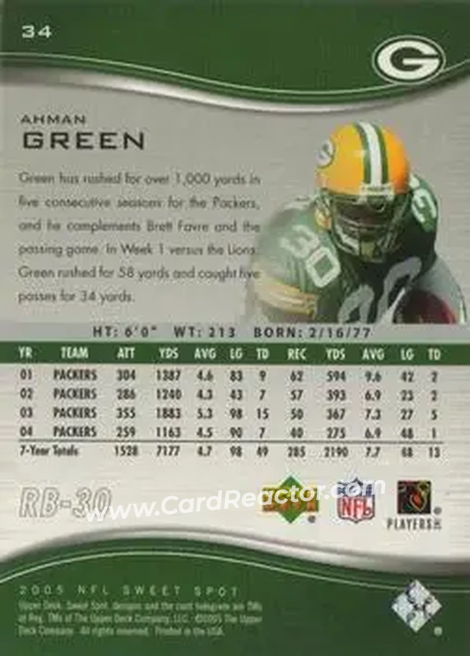 2005 Upper Deck Sweet Spot #34 - Ahman Green - Green Bay Packers - Back