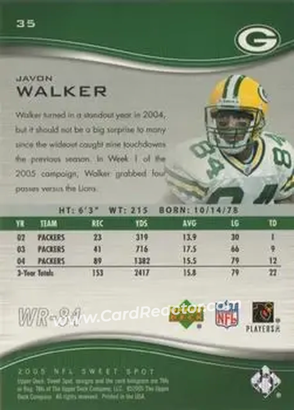 2005 Upper Deck Sweet Spot #35 - Javon Walker - Green Bay Packers - Back