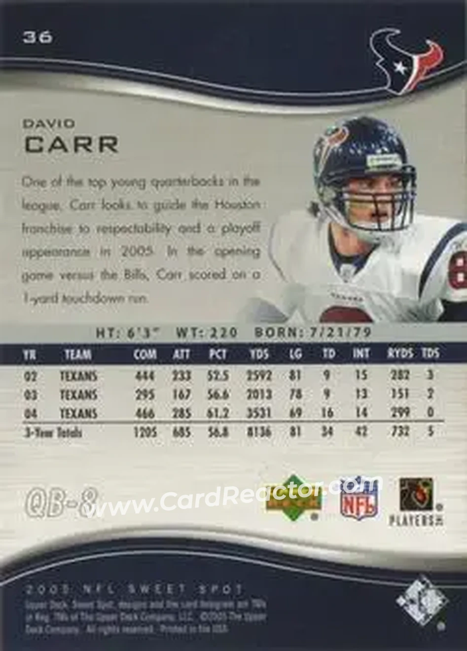 2005 Upper Deck Sweet Spot #36 - David Carr - Houston Texans - Back 2005 Upper Deck Sweet Spot #36 - David Carr - Houston Texans - Back