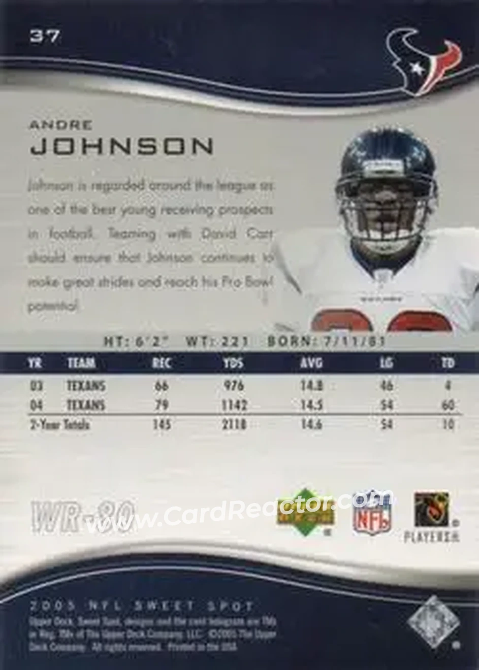 2005 Upper Deck Sweet Spot #37 - Andre Johnson - Houston Texans - Back 2005 Upper Deck Sweet Spot #37 - Andre Johnson - Houston Texans - Back
