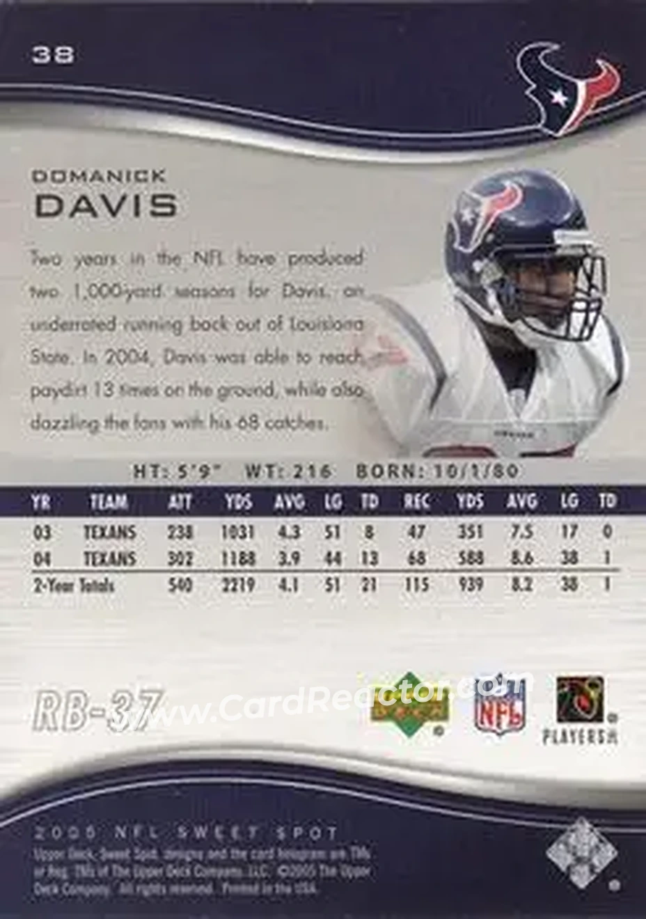 2005 Upper Deck Sweet Spot #38 - Domanick Davis - Houston Texans - Back 2005 Upper Deck Sweet Spot #38 - Domanick Davis - Houston Texans - Back
