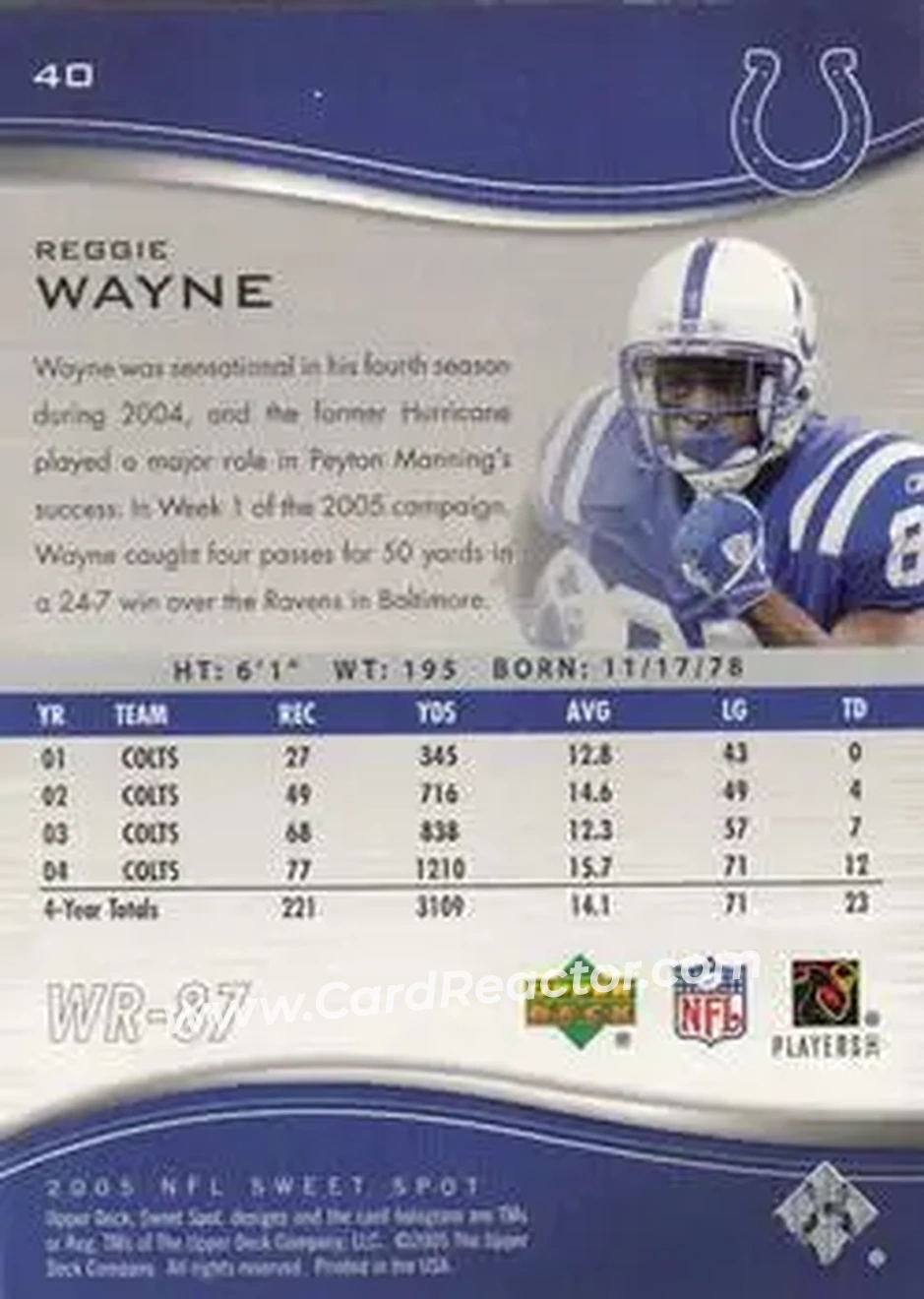 2005 Upper Deck Sweet Spot #40 - Reggie Wayne - Indianapolis Colts - Back 2005 Upper Deck Sweet Spot #40 - Reggie Wayne - Indianapolis Colts - Back