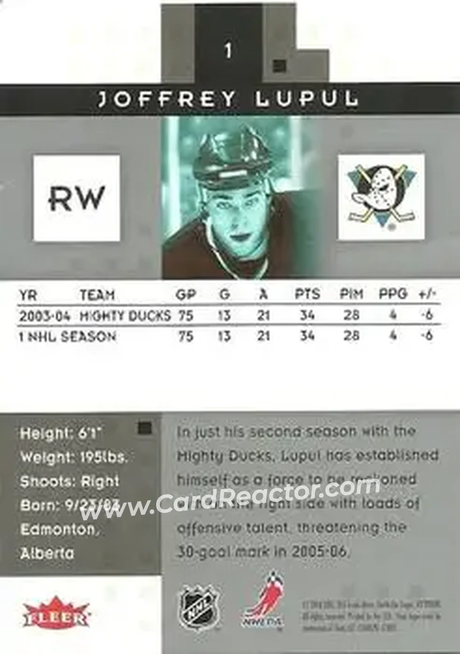 2005-06 Fleer Hot Prospects #1 - Joffrey Lupul - Anaheim Mighty Ducks - Back 2005-06 Fleer Hot Prospects #1 - Joffrey Lupul - Anaheim Mighty Ducks - Back