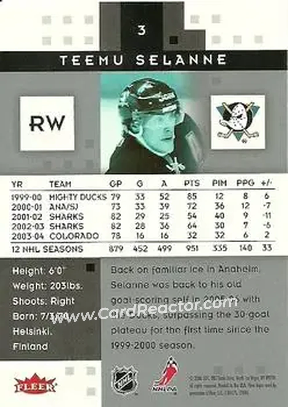 2005-06 Fleer Hot Prospects #3 - Teemu Selanne - Anaheim Mighty Ducks - Back 2005-06 Fleer Hot Prospects #3 - Teemu Selanne - Anaheim Mighty Ducks - Back
