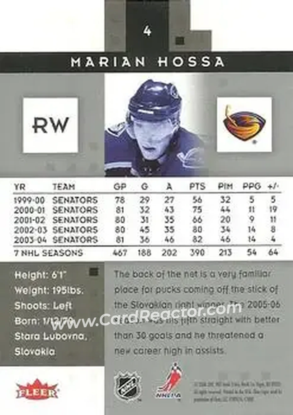 2005-06 Fleer Hot Prospects #4 - Marian Hossa - Atlanta Thrashers - Back