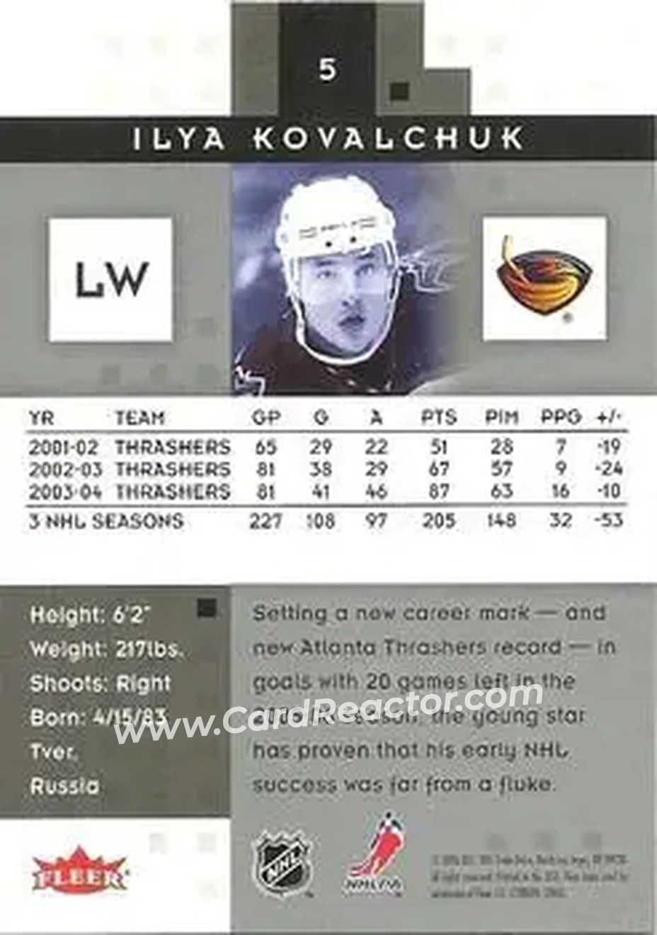 2005-06 Fleer Hot Prospects #5 - Ilya Kovalchuk - Atlanta Thrashers - Back