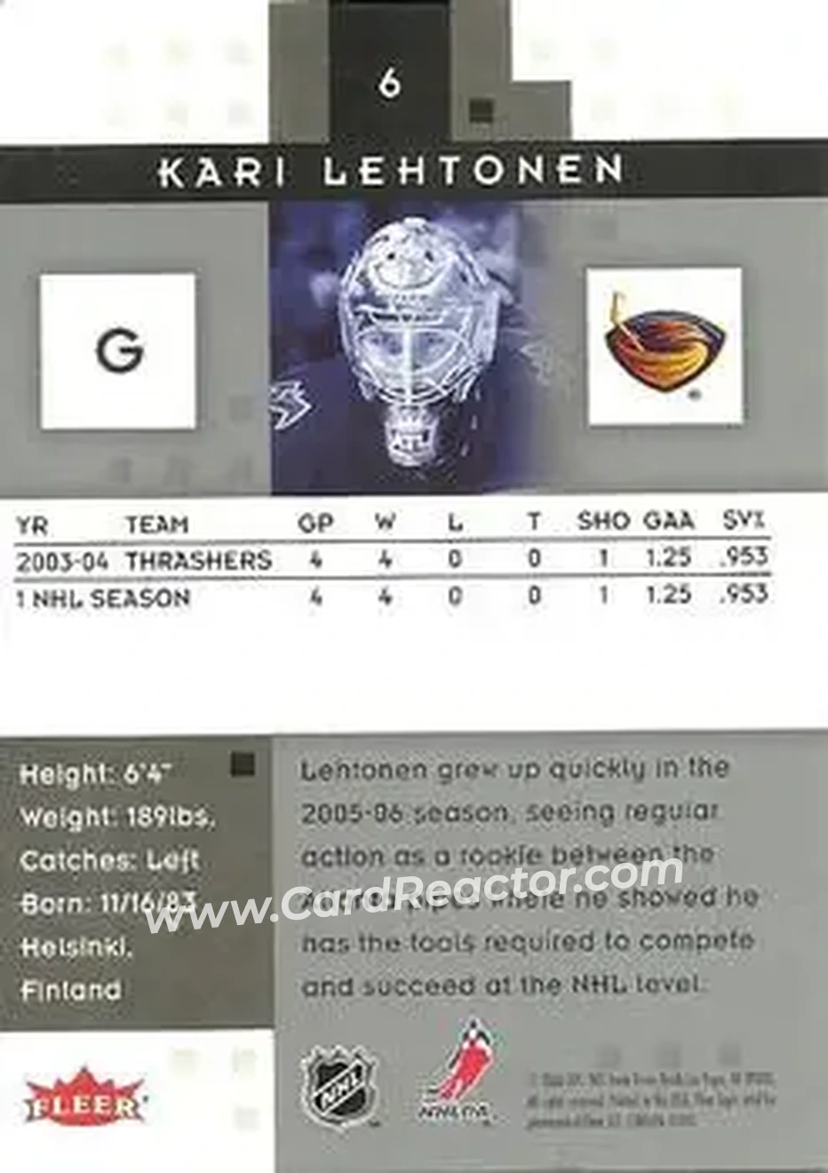 2005-06 Fleer Hot Prospects #6 - Kari Lehtonen - Atlanta Thrashers - Back